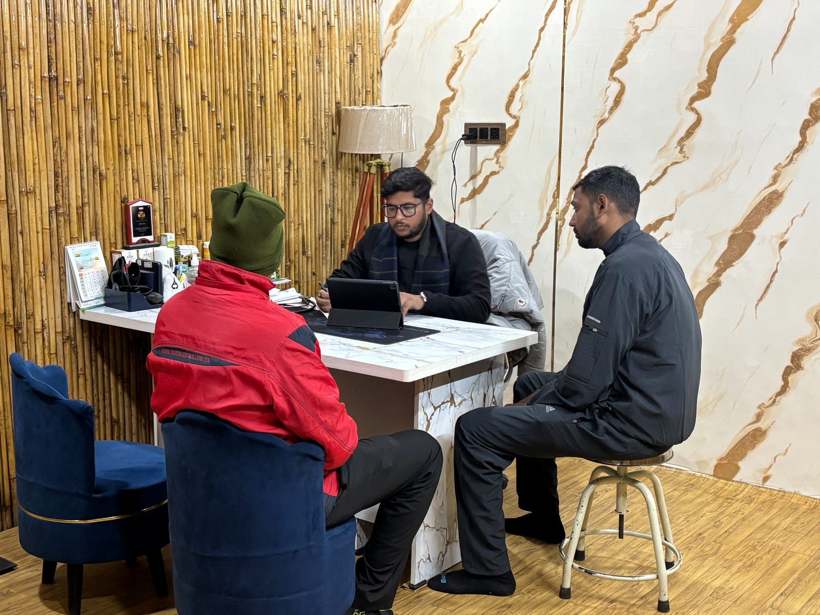 Vibrant crimson rose in a dew-dropped garden at sunrise with soft golden light filtering through petals